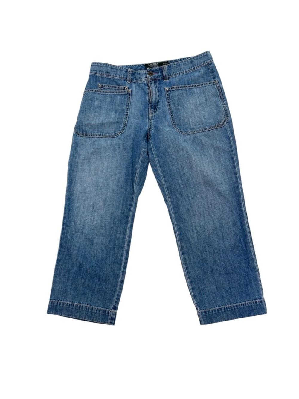 Lauren Ralph Lauren Straight Leg Cropped Chambray Jeans Patch Pocket Coastal 6